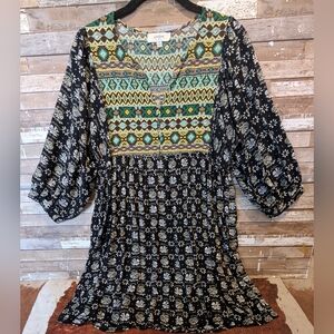 Umgee Boho Mixed Fabric 3 Button Tunic